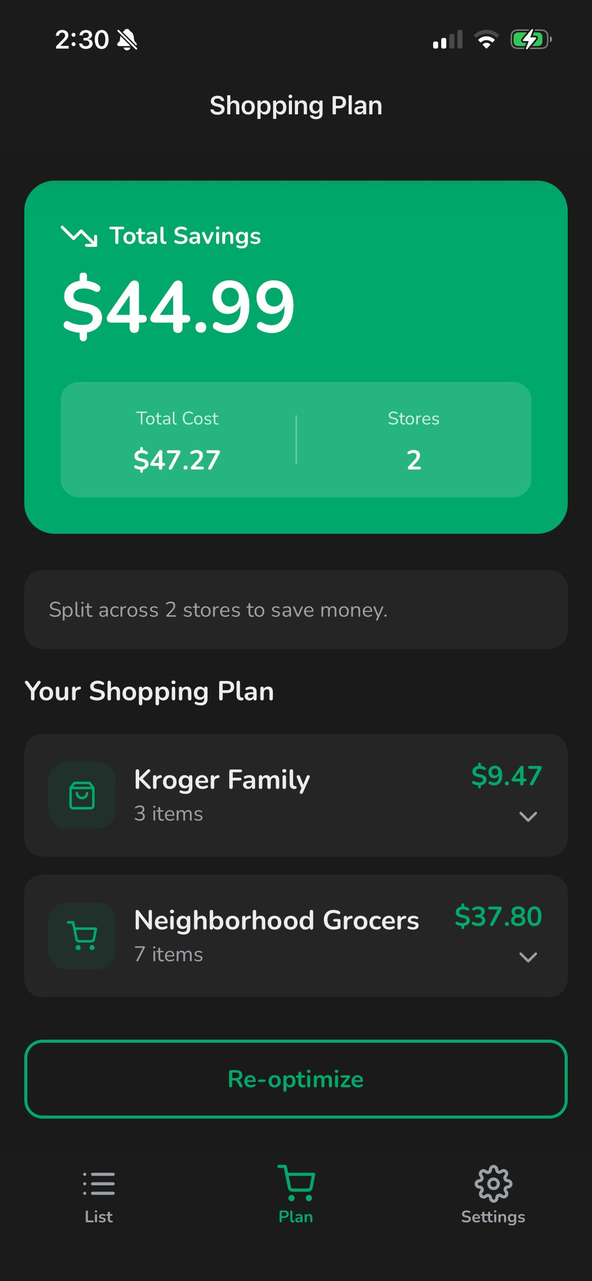 Grocerix app showing optimized grocery trip